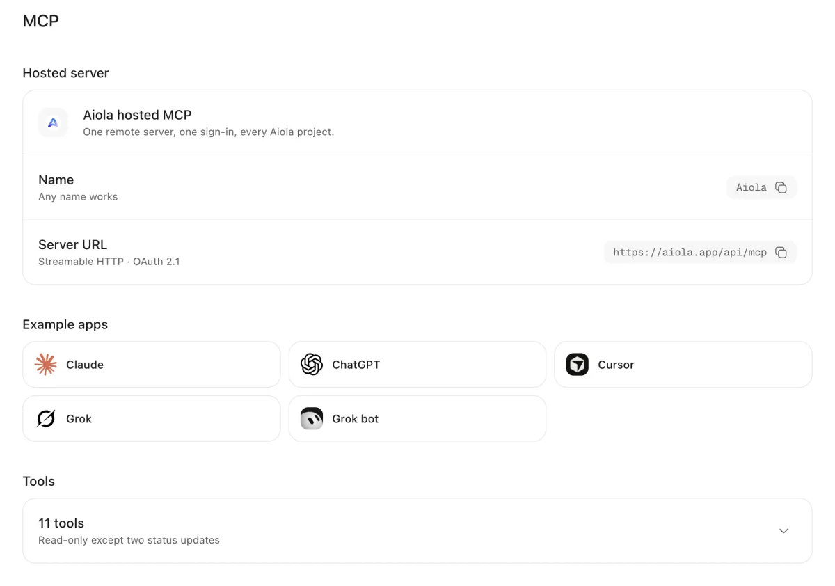 Aiola MCP settings with hosted server details, example apps, and tools