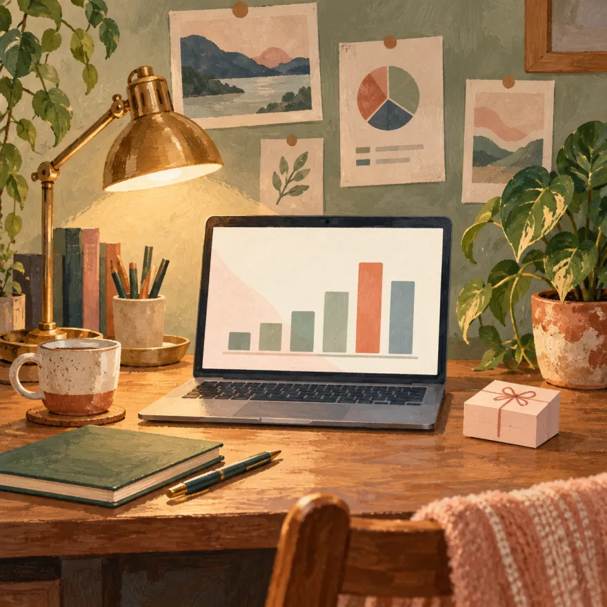 Painted desk with a purple bar chart and a named client list