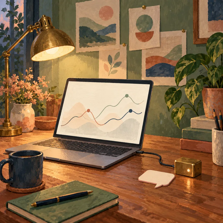 Desk scene with a laptop showing a conversation beside visitor charts