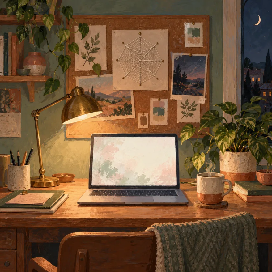 Painted desk scene with two crawler cards and a robots file