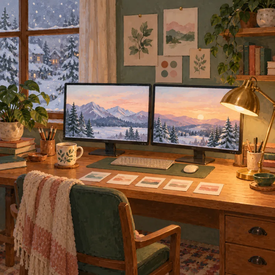 Painted desk scene with a laptop and two task cards
