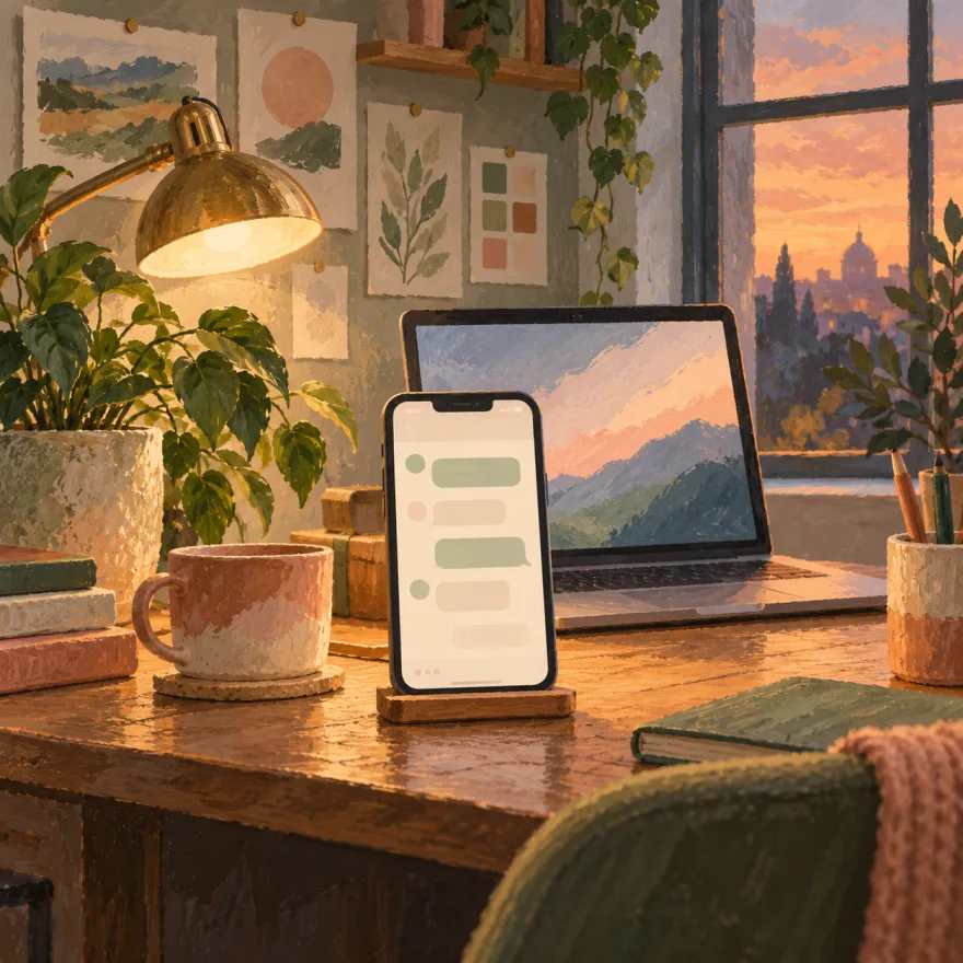 Painted desk scene with a phone beside a laptop