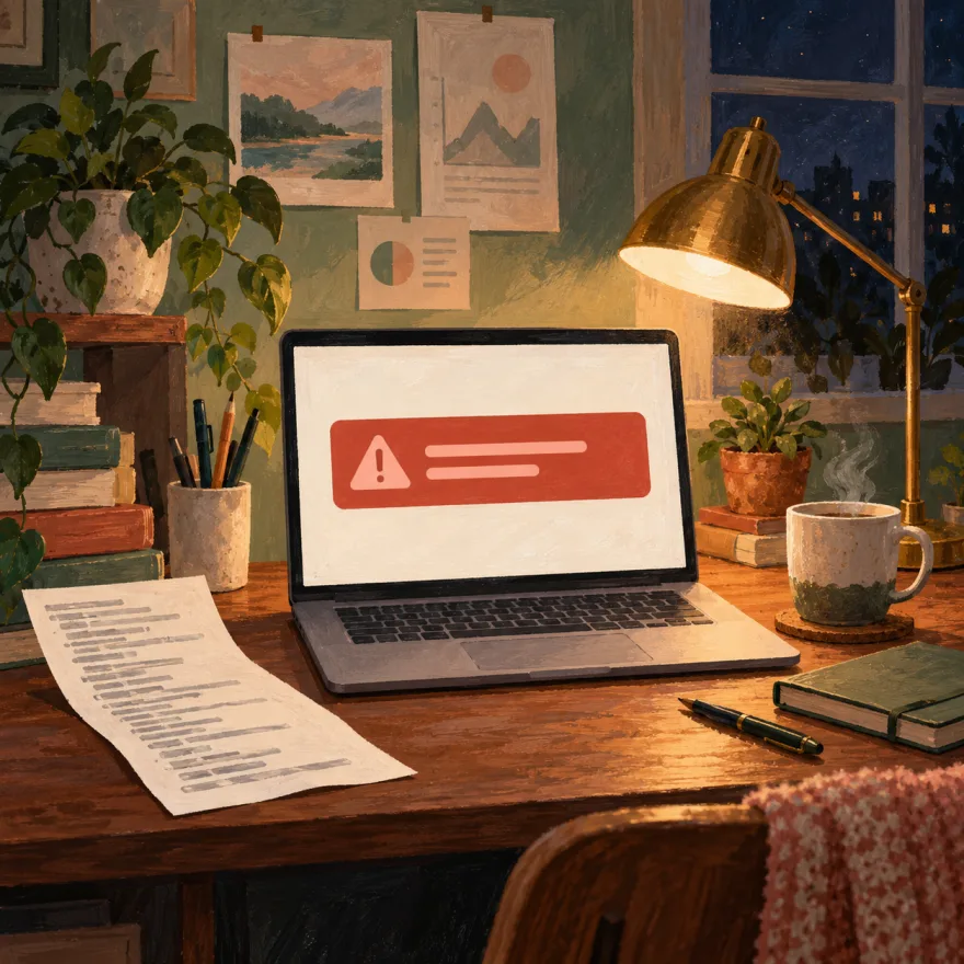 Painted desk scene with a laptop and pinned error charts
