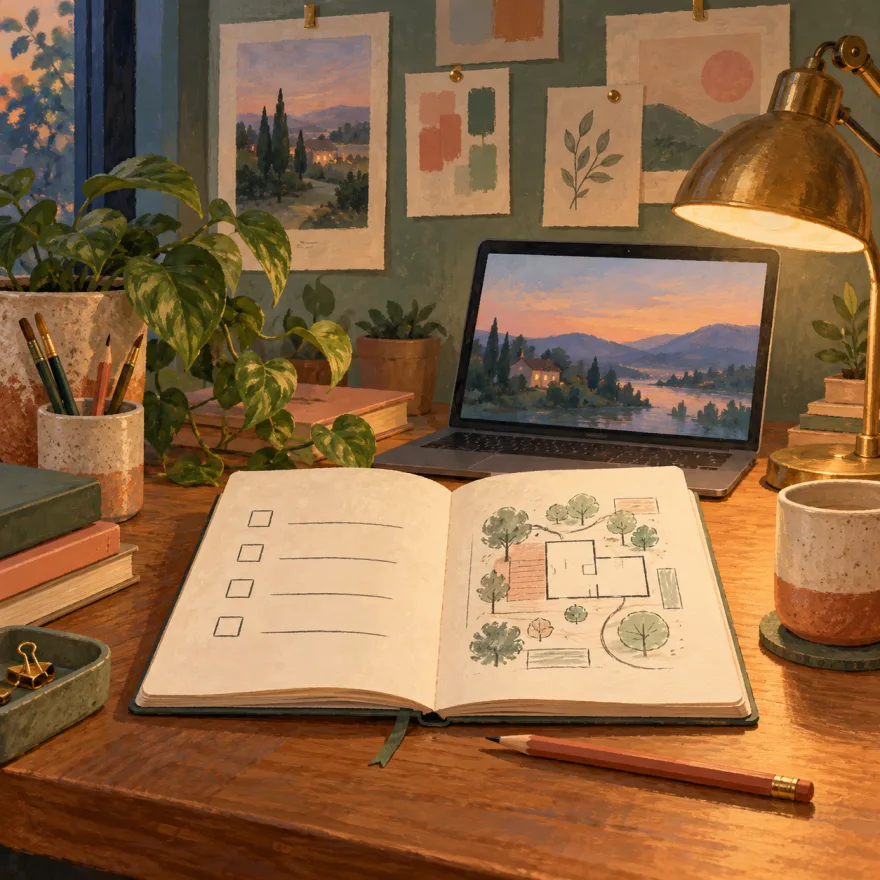 Painted desk scene with a notebook, a checklist, and a laptop