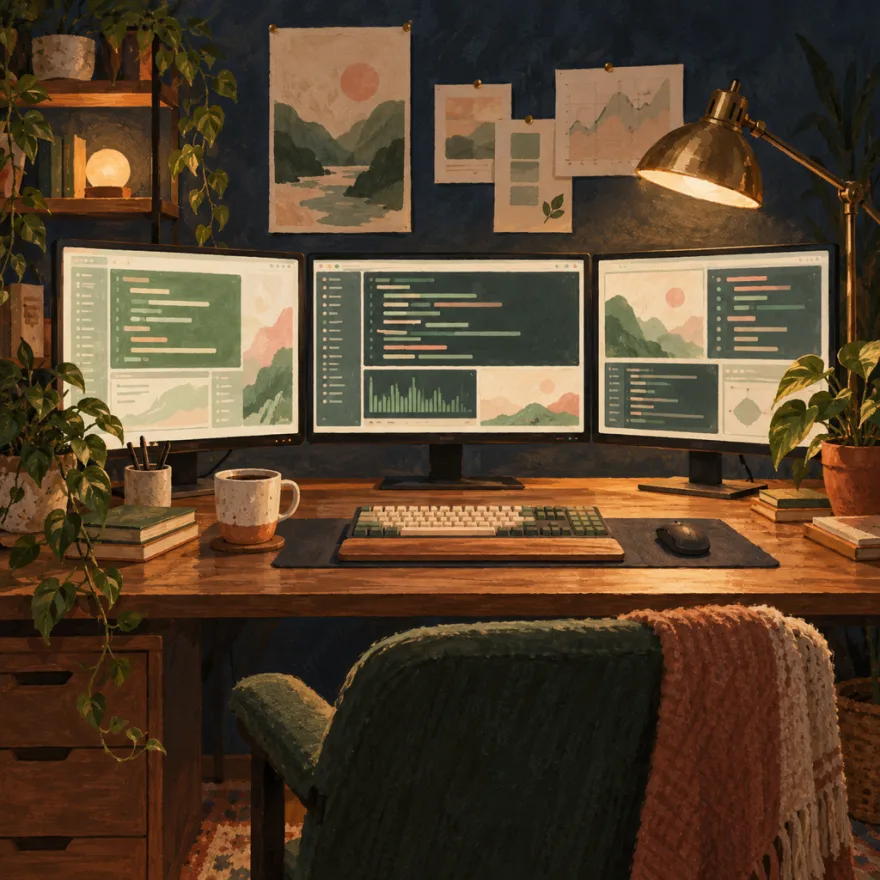 Painted desk with a laptop and coding notes