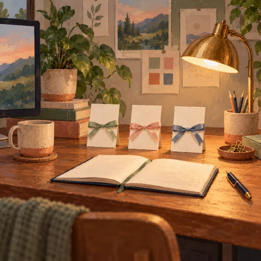 Painted desk scene with a laptop and labeled agent cards