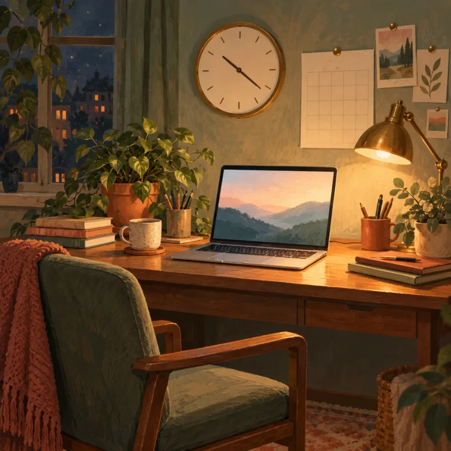 Painted desk with a laptop and coding notes