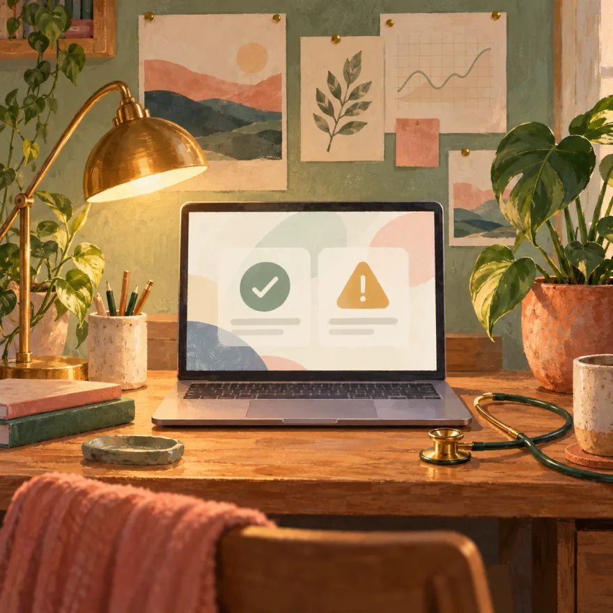 Painted desk with a laptop, a checklist, and a small warning card