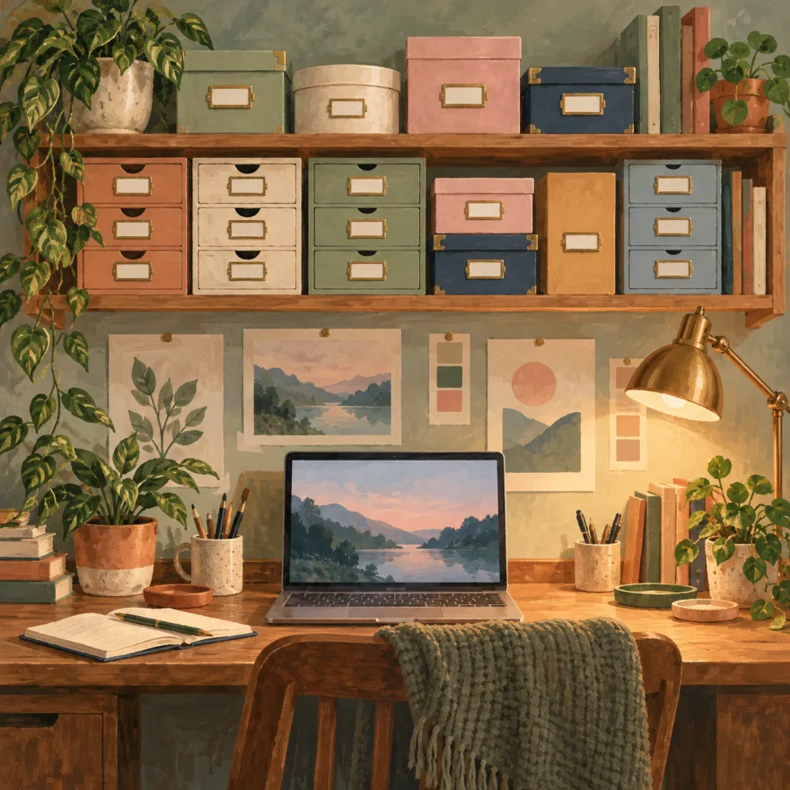 Painted desk with a laptop, skill notes, and a short server list