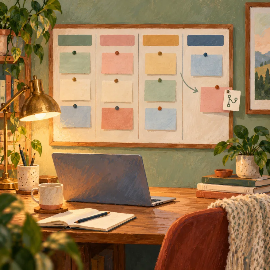 Painted desk scene with a task board, a laptop, and a pull request card