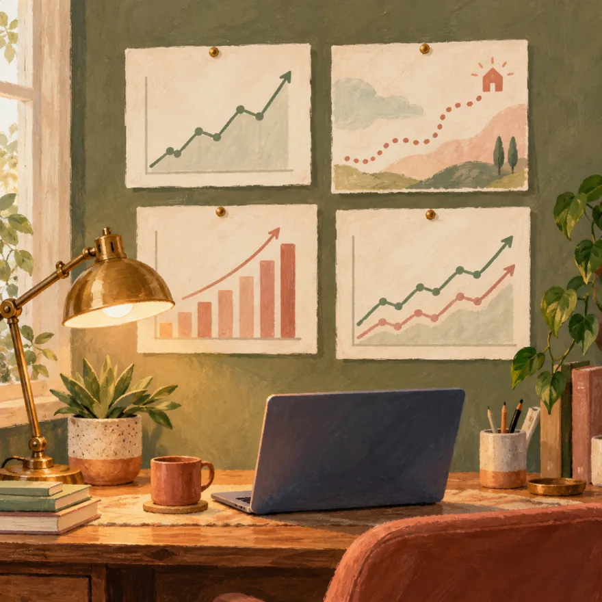 Painted laptop scene with traffic charts