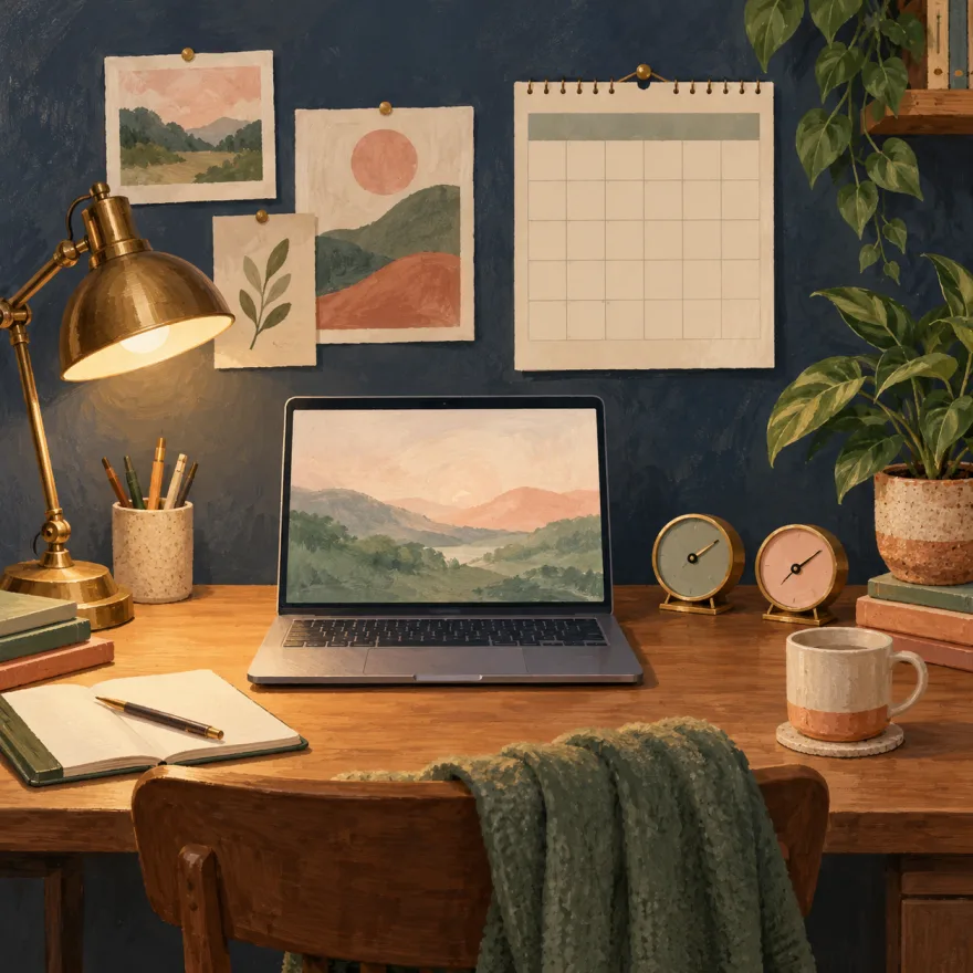 Painted desk scene with two provider usage cards beside a laptop