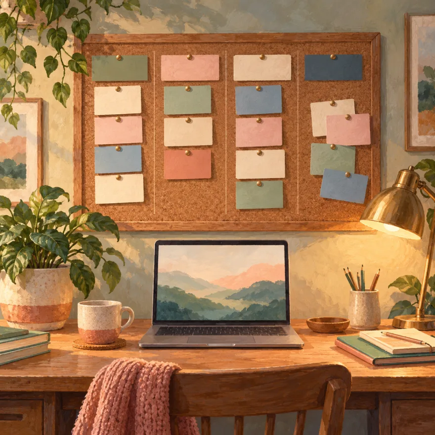 Painted desk scene with a task board, a terminal, and agent notes